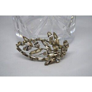 Leaf Shape Marquise Rhinestone Brooch Clear Stone Pin Vintage Costume Jewelry